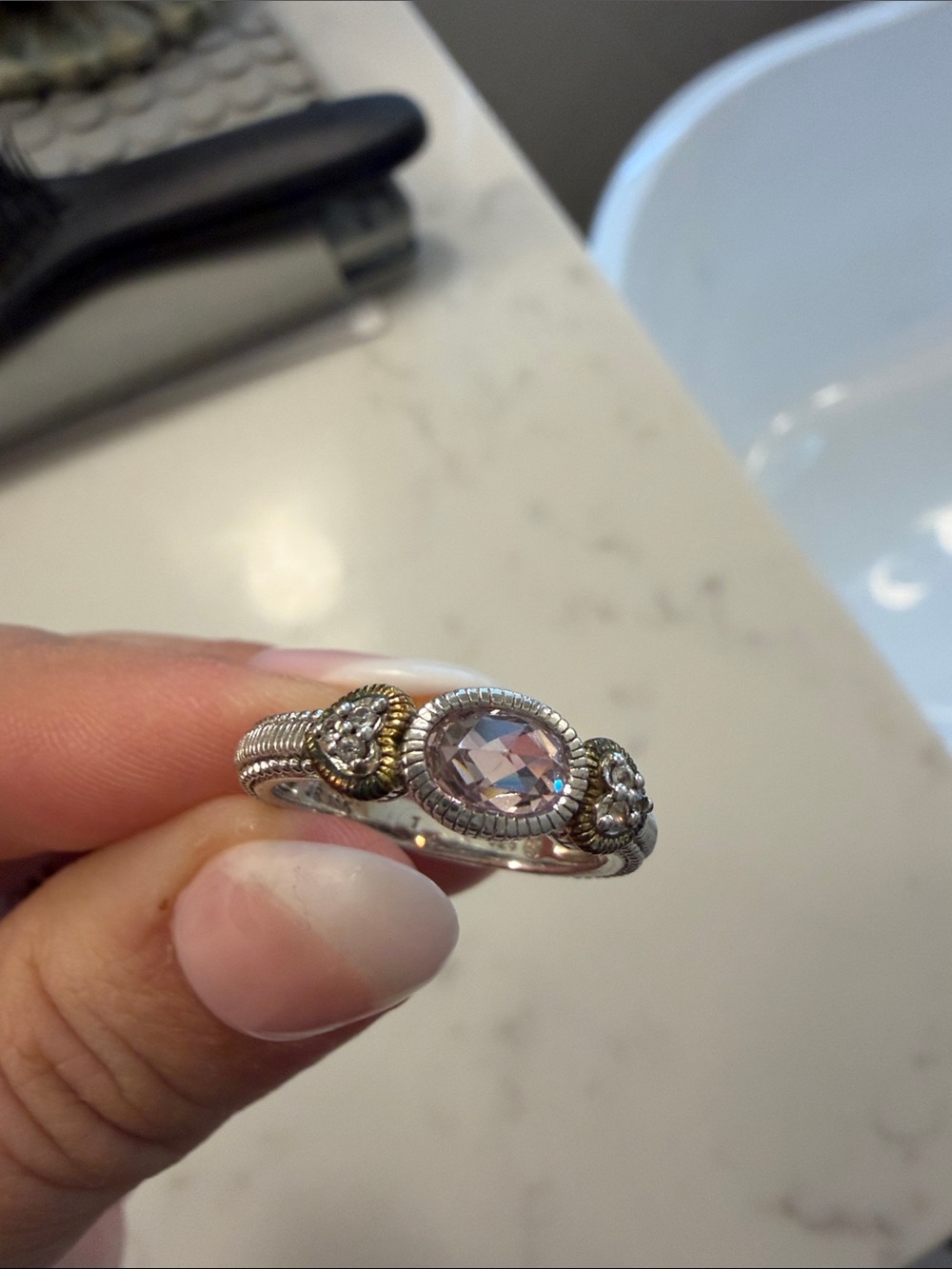 Vintage JR Judith Ripka Sterling 925 18K Light Pink Crystal Ring | Size 7 - Picture 6 of 7